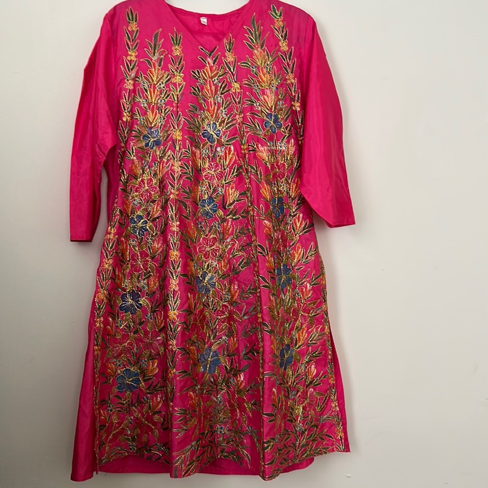 Indian Kurta Pant And Dupatta Set, hot pink and floral, polyester
